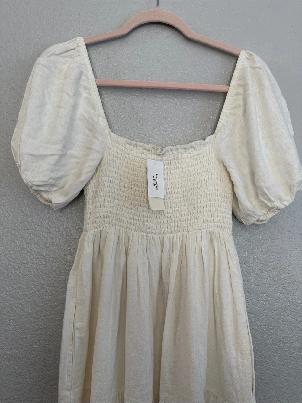 Abercrombie & Fitch Ivory Puff-Sleeve Smocked Tiered Maxi Dress